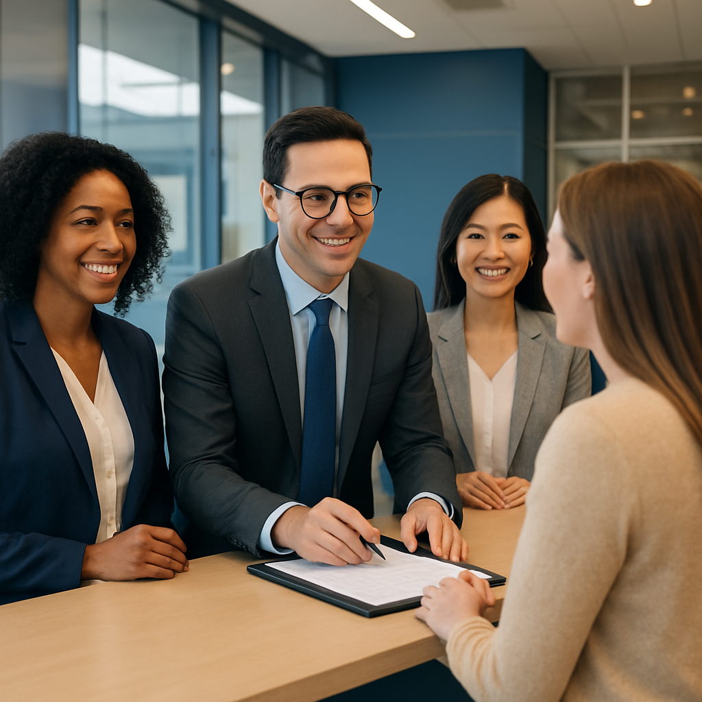 Harcot Savings bank advisor helping a customer at a modern bank branch